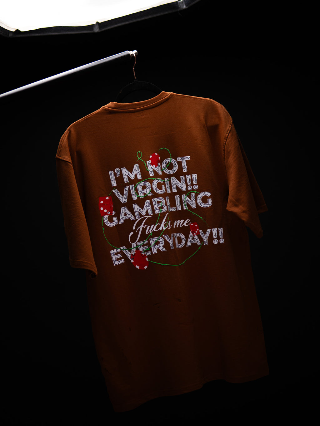 I’M NOT VIRGIN GAMBLING OVERSIZED BROWN T SHIRT