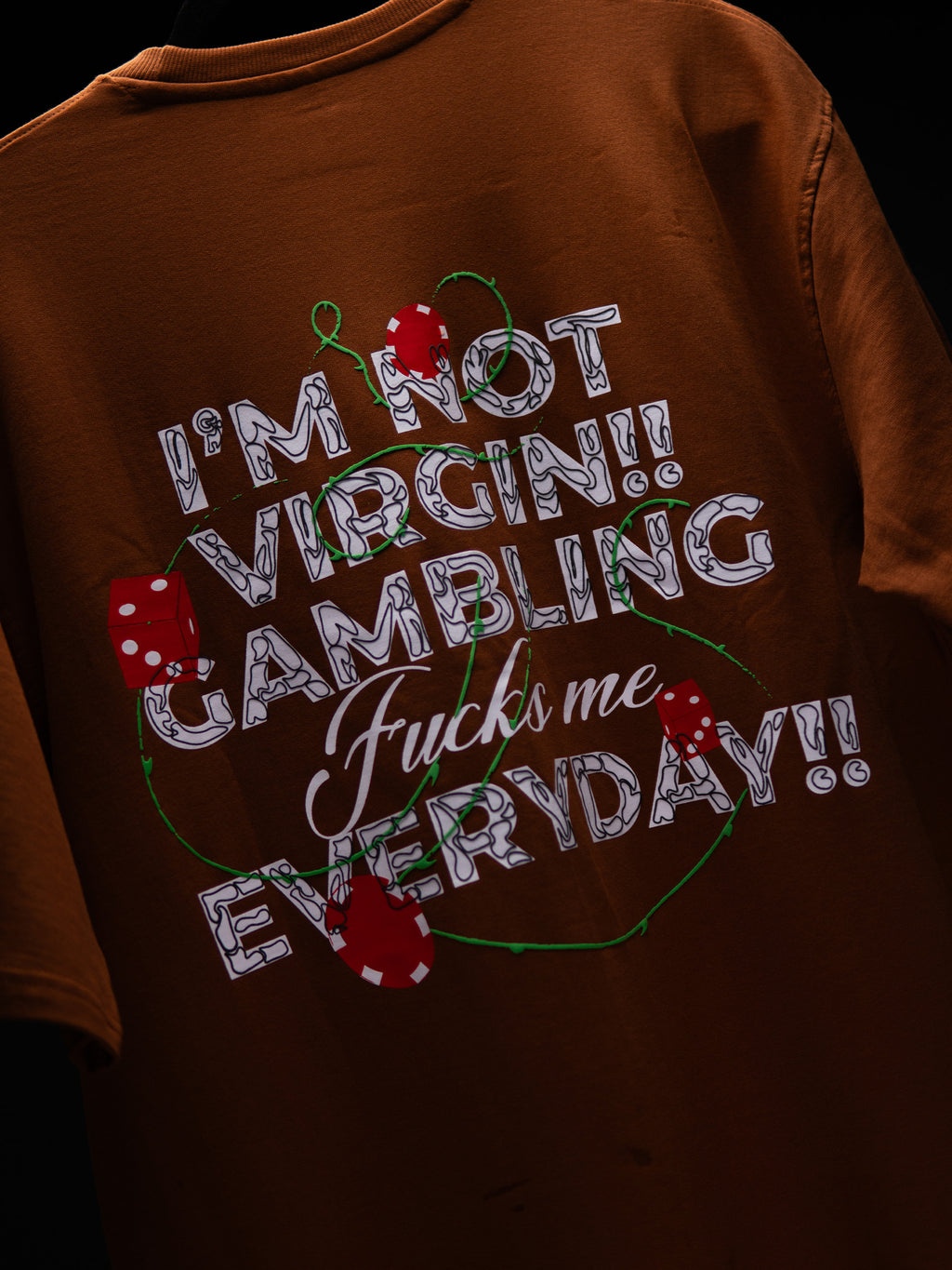 I’M NOT VIRGIN GAMBLING OVERSIZED BROWN T SHIRT