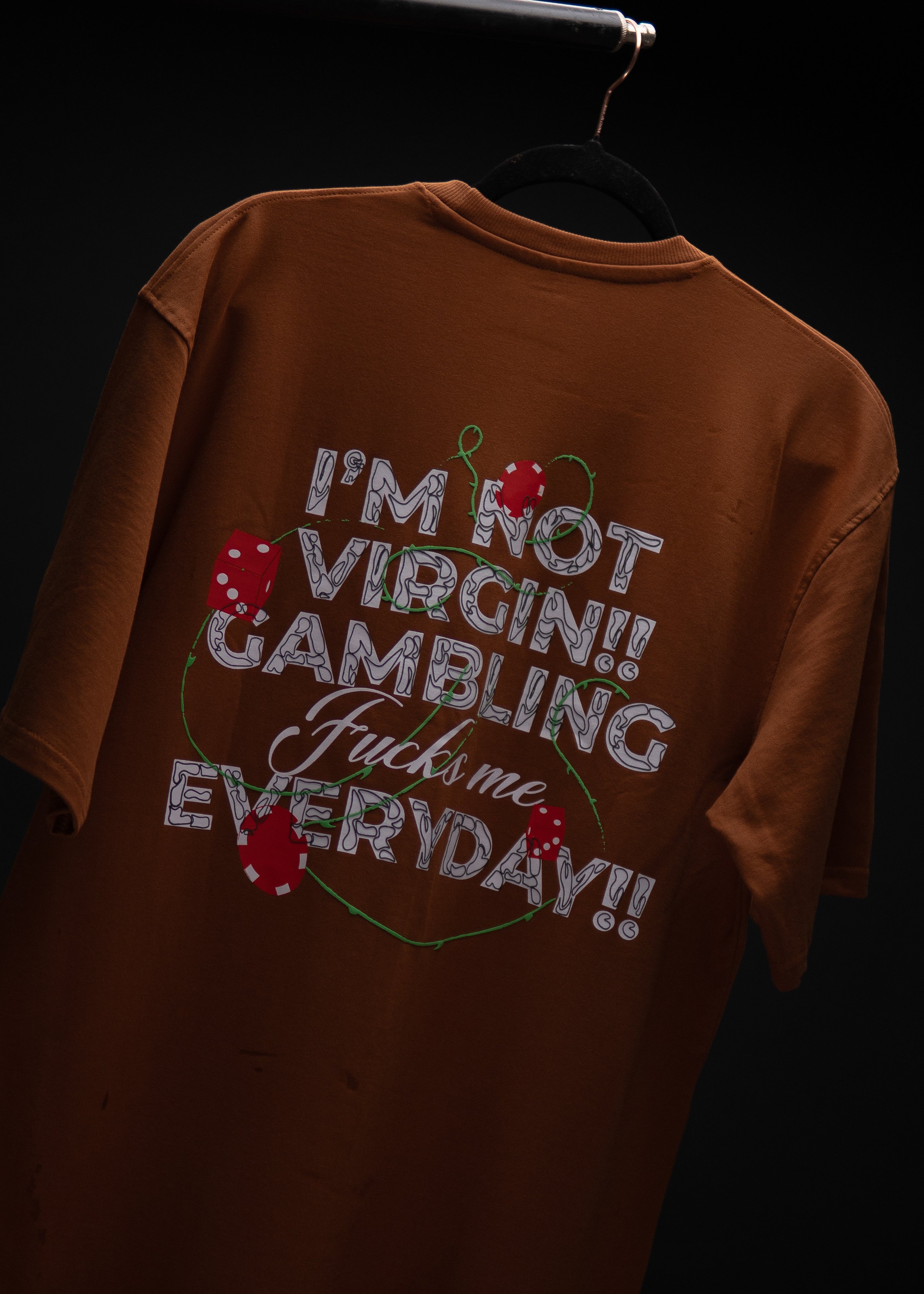 I’M NOT VIRGIN GAMBLING OVERSIZED BROWN T SHIRT