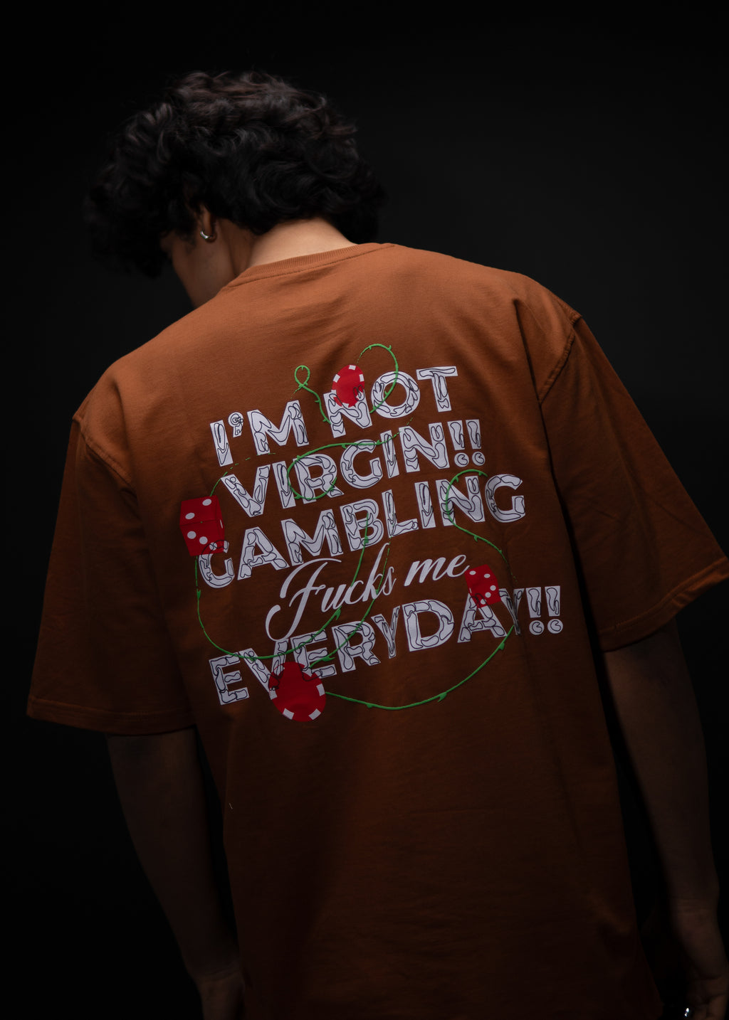 I’M NOT VIRGIN GAMBLING OVERSIZED BROWN T SHIRT