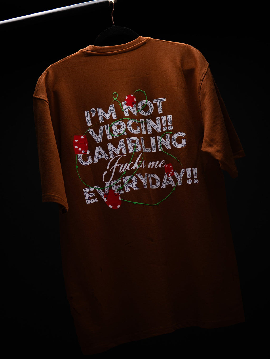 I’M NOT VIRGIN GAMBLING OVERSIZED BROWN T SHIRT